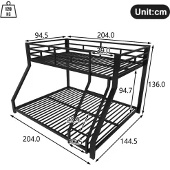 Lit Superposé Métal 90x200 et 140x200 cm, Lit Double enfant/Ado avec Échelle et Barrières de Sécurité - Sans Matelas - Noir
