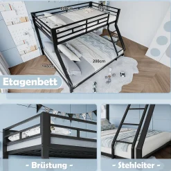 Lit Superposé Métal 90x200 et 140x200 cm, Lit Double enfant/Ado avec Échelle et Barrières de Sécurité - Sans Matelas - Noir