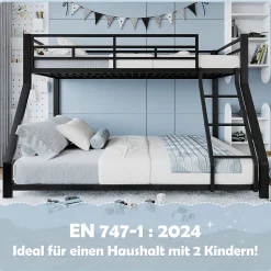 Lit Superposé Métal 90x200 et 140x200 cm, Lit Double enfant/Ado avec Échelle et Barrières de Sécurité - Sans Matelas - Noir