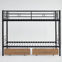 Lit superposé métal 90x200cm pour 2 enfants avec 2 tiroirs, garde-corps, convertible, noir