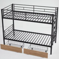 Lit superposé métal 90x200cm pour 2 enfants avec 2 tiroirs, garde-corps, convertible, noir