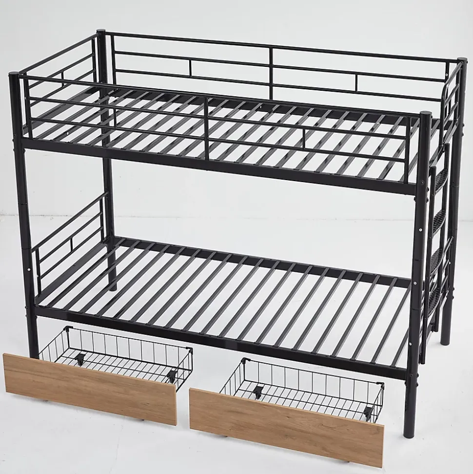 Lit superposé métal 90x200cm pour 2 enfants avec 2 tiroirs, garde-corps, convertible, noir
