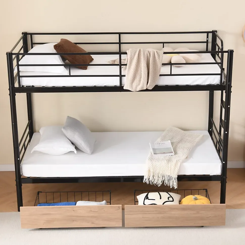 Lit superposé métal 90x200cm pour 2 enfants avec 2 tiroirs, garde-corps, convertible, noir