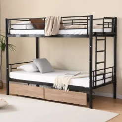 Lit superposé métal 90x200cm pour 2 enfants avec 2 tiroirs, garde-corps, convertible, noir