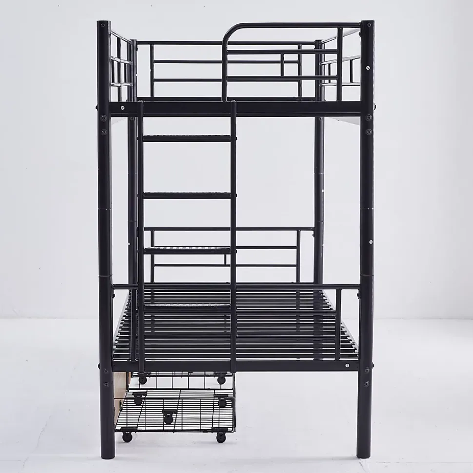 Lit superposé métal 90x200cm pour 2 enfants avec 2 tiroirs, garde-corps, convertible, noir