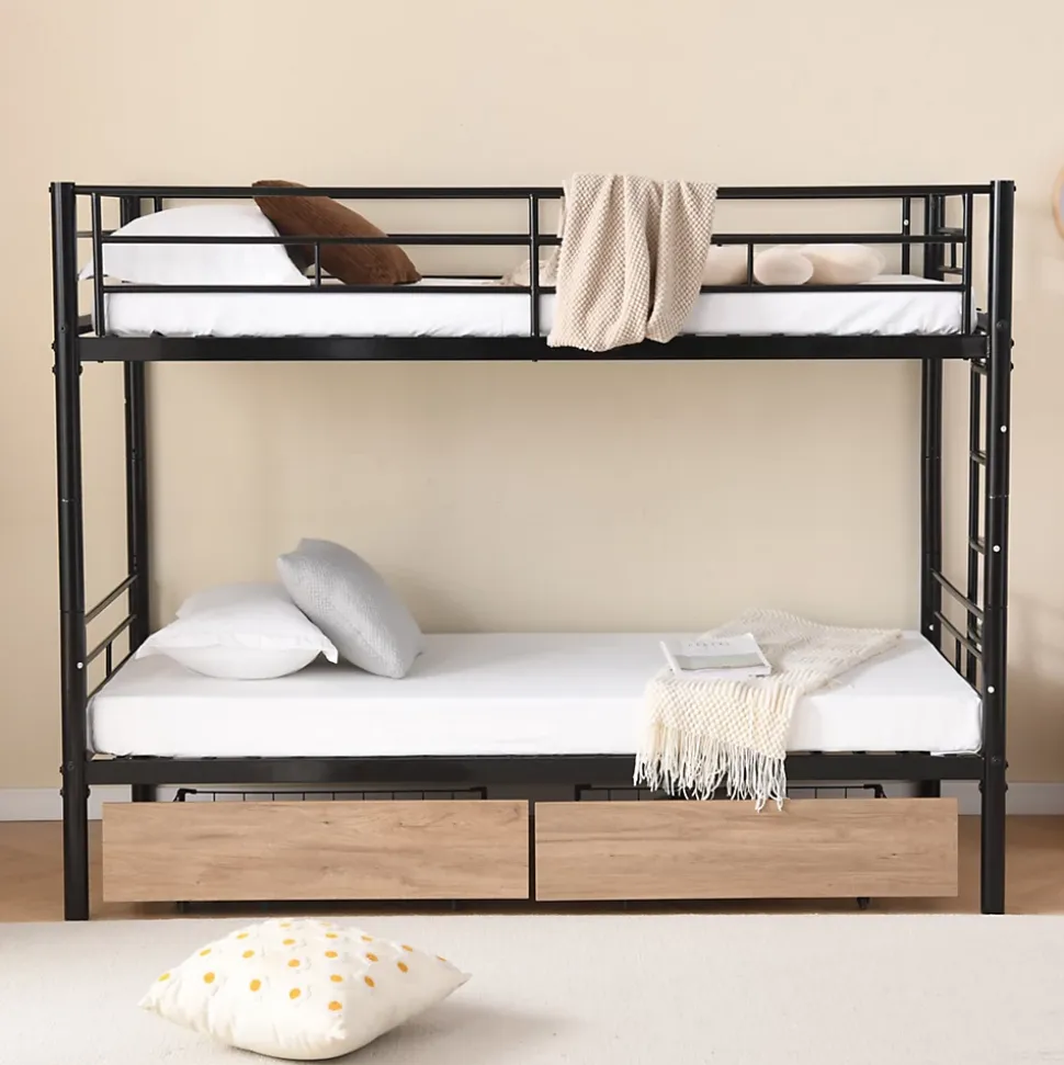 Lit superposé métal 90x200cm pour 2 enfants avec 2 tiroirs, garde-corps, convertible, noir