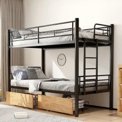 Lit superposé métal 90x200cm pour 2 enfants avec 2 tiroirs, garde-corps, convertible, noir