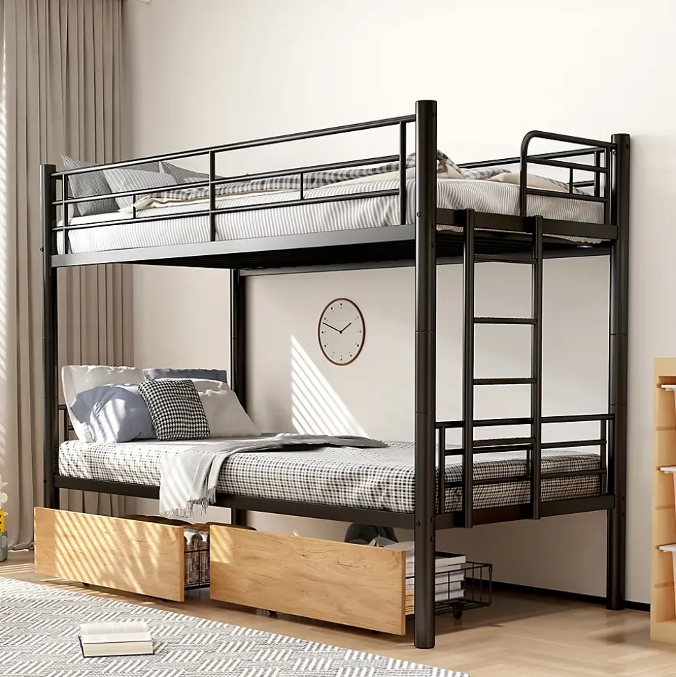 Lit superposé métal 90x200cm pour 2 enfants avec 2 tiroirs, garde-corps, convertible, noir