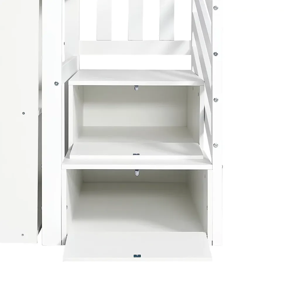 Lit superposé multifonction, avec protection, bureau, armoire, casiers, 2 casiers dans escalier, pin MDF, blanc, 90x200cm