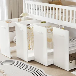 Lit superposé multifonction, avec protection, bureau, armoire, casiers, 2 casiers dans escalier, pin MDF, blanc, 90x200cm