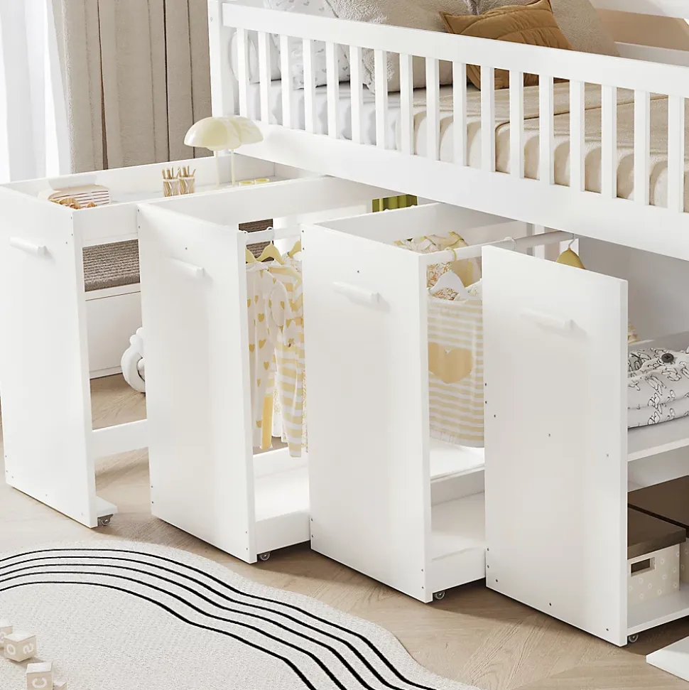 Lit superposé multifonction, avec protection, bureau, armoire, casiers, 2 casiers dans escalier, pin MDF, blanc, 90x200cm