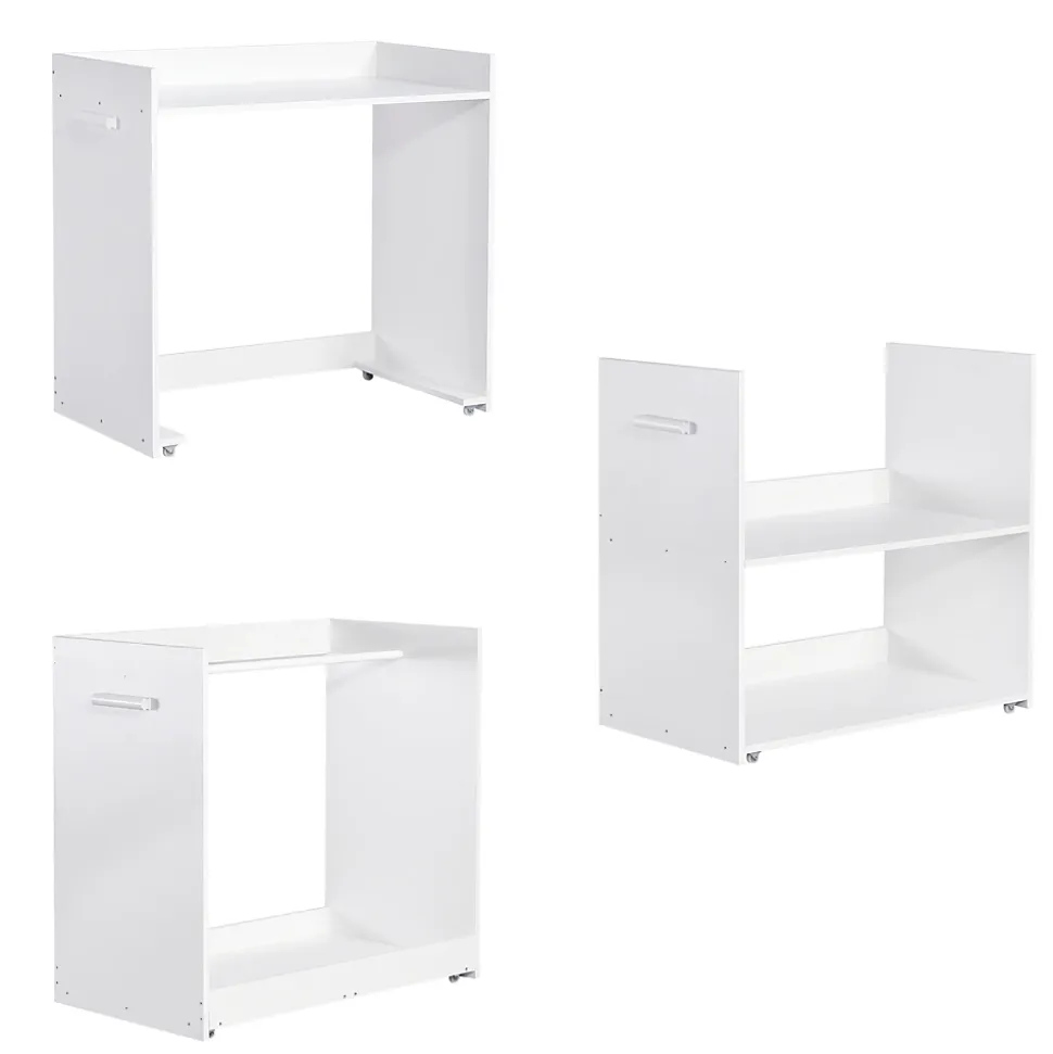 Lit superposé multifonction, avec protection, bureau, armoire, casiers, 2 casiers dans escalier, pin MDF, blanc, 90x200cm