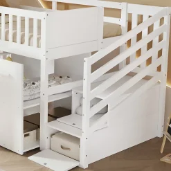 Lit superposé multifonction avec bureau armoire 2 casiers échelle garde-corps pin MDF blanc 90x200