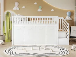 Lit superposé multifonction avec bureau armoire 2 casiers échelle garde-corps pin MDF blanc 90x200