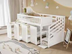 Lit superposé multifonction avec bureau armoire 2 casiers échelle garde-corps pin MDF blanc 90x200