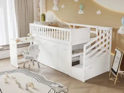 Lit superposé multifonction avec bureau armoire 2 casiers échelle garde-corps pin MDF blanc 90x200