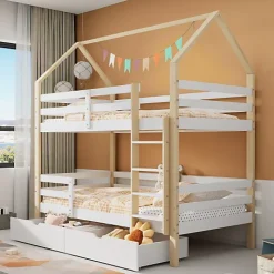 Lit superposé pour enfant 90x200cm - Lit cabane - avec 2 grands tiroirs - Bois massif - Blanc + Naturel (sans matelas)