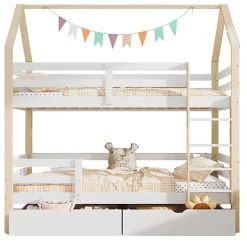 Lit superposé pour enfant 90x200cm - Lit cabane - avec 2 grands tiroirs - Bois massif - Blanc + Naturel (sans matelas)