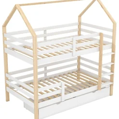 Lit superposé pour enfant 90x200cm - Lit cabane - avec 2 grands tiroirs - Bois massif - Blanc + Naturel (sans matelas)