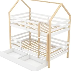 Lit superposé pour enfant 90x200cm - Lit cabane - avec 2 grands tiroirs - Bois massif - Blanc + Naturel (sans matelas)