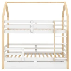 Lit superposé pour enfant 90x200cm - Lit cabane - avec 2 grands tiroirs - Bois massif - Blanc + Naturel (sans matelas)