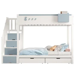 Lit superposé pour enfant 90x200,blanc et bleu, motifs lapins et carottes, rangement amovible, échelle sécurisée