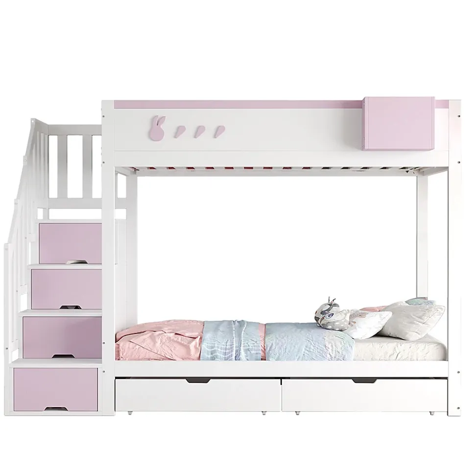 Lit superposé pour enfant 90x200cm,blanc+rose, motifs lapins et carottes, rangement amovible, échelle sécurisée, tiroirs