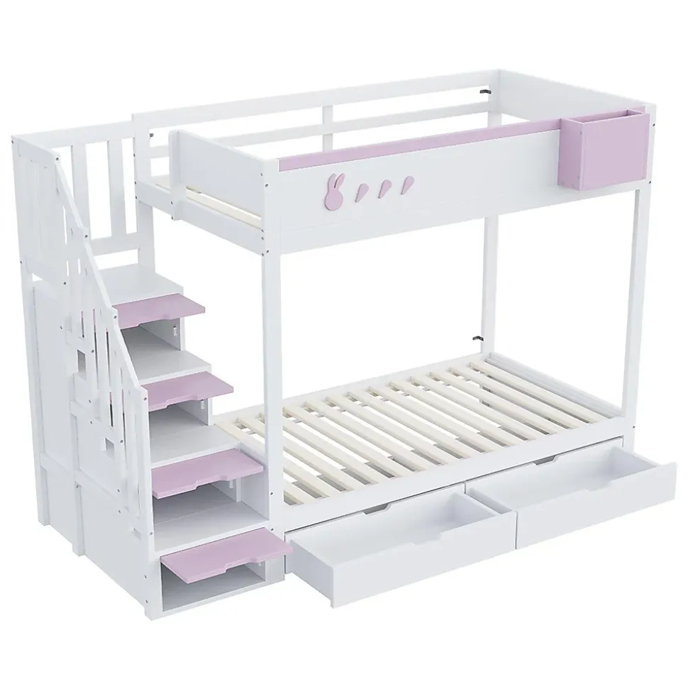 Lit superposé pour enfant 90x200cm,blanc+rose, motifs lapins et carottes, rangement amovible, échelle sécurisée, tiroirs