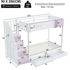Lit superposé pour enfant 90x200cm,blanc+rose, motifs lapins et carottes, rangement amovible, échelle sécurisée, tiroirs