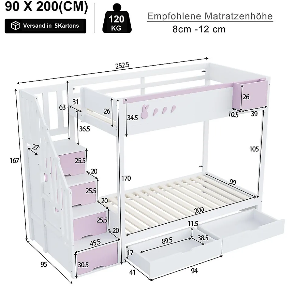 Lit superposé pour enfant 90x200cm,blanc+rose, motifs lapins et carottes, rangement amovible, échelle sécurisée, tiroirs