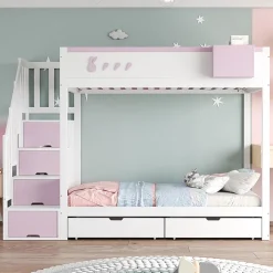 Lit superposé pour enfant 90x200cm,blanc+rose, motifs lapins et carottes, rangement amovible, échelle sécurisée, tiroirs