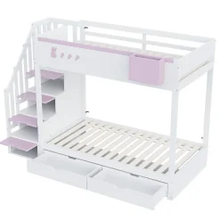 Lit superposé pour enfant 90x200cm,blanc+rose, motifs lapins et carottes, rangement amovible, échelle sécurisée, tiroirs