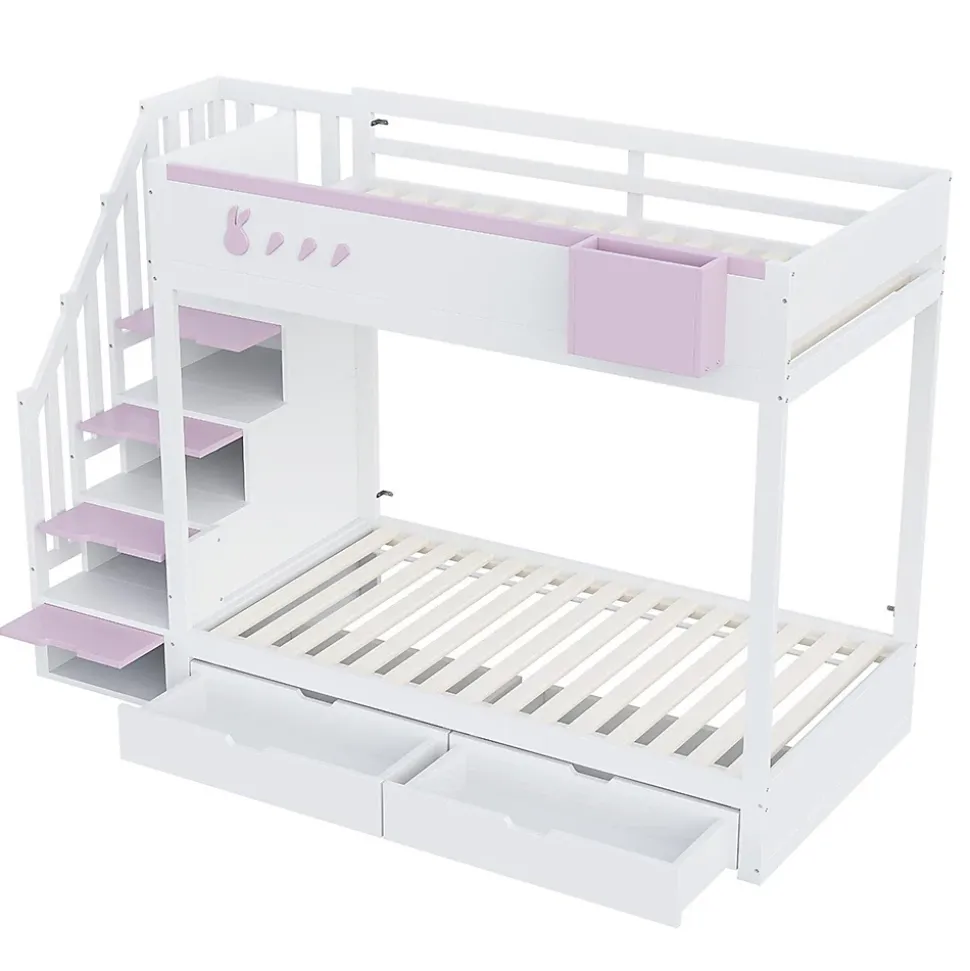 Lit superposé pour enfant 90x200cm,blanc+rose, motifs lapins et carottes, rangement amovible, échelle sécurisée, tiroirs