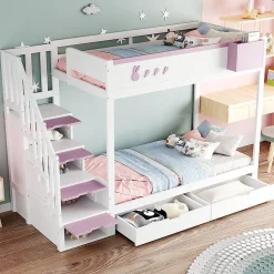 Lit superposé pour enfant 90x200cm,blanc+rose, motifs lapins et carottes, rangement amovible, échelle sécurisée, tiroirs