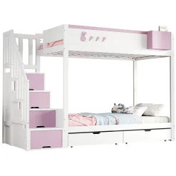 Lit superposé pour enfant 90x200cm,blanc+rose, motifs lapins et carottes, rangement amovible, échelle sécurisée, tiroirs