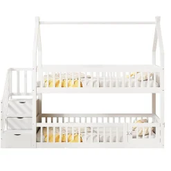 Lit superposé pour enfants en bois massif,90x200cm,blanc, avec toit, échelle de sécurité et tiroirs de rangement