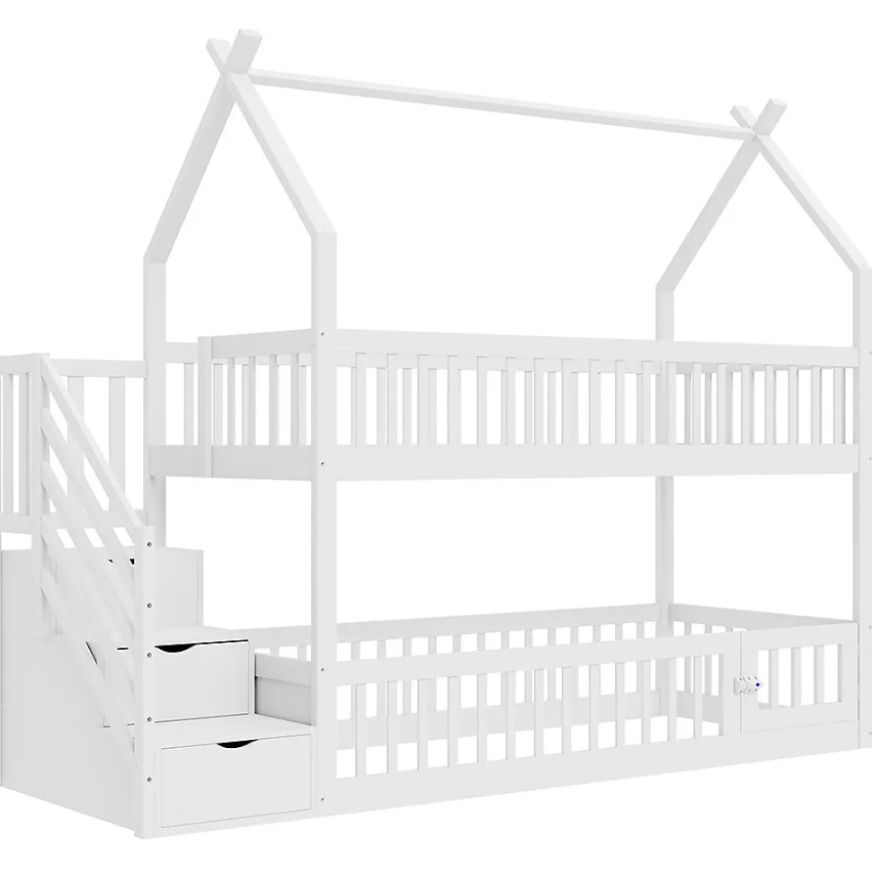 Lit superposé pour enfants en bois massif,90x200cm,blanc, avec toit, échelle de sécurité et tiroirs de rangement