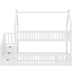 Lit superposé pour enfants en bois massif,90x200cm,blanc, avec toit, échelle de sécurité et tiroirs de rangement