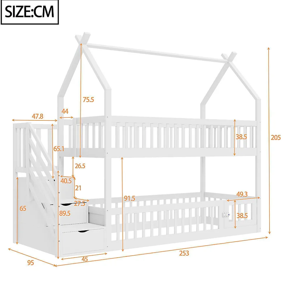 Lit superposé pour enfants en bois massif,90x200cm,blanc, avec toit, échelle de sécurité et tiroirs de rangement