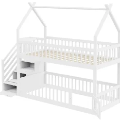 Lit superposé pour enfants en bois massif,90x200cm,blanc, avec toit, échelle de sécurité et tiroirs de rangement