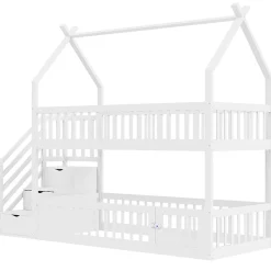 Lit superposé pour enfants en bois massif,90x200cm,blanc, avec toit, échelle de sécurité et tiroirs de rangement