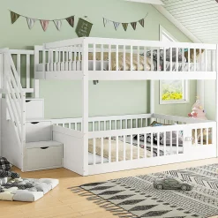 Lit superposé pour enfants et adolescents,140x200cm,bois blanc,échelle de sécurité et tiroirs