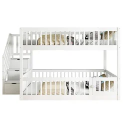 Lit superposé pour enfants et adolescents,140x200cm,bois blanc,échelle de sécurité et tiroirs