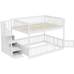 Lit superposé pour enfants et adolescents,140x200cm,bois blanc,échelle de sécurité et tiroirs