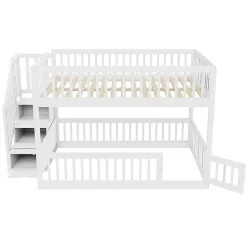 Lit superposé pour enfants et adolescents,140x200cm,bois blanc,échelle de sécurité et tiroirs