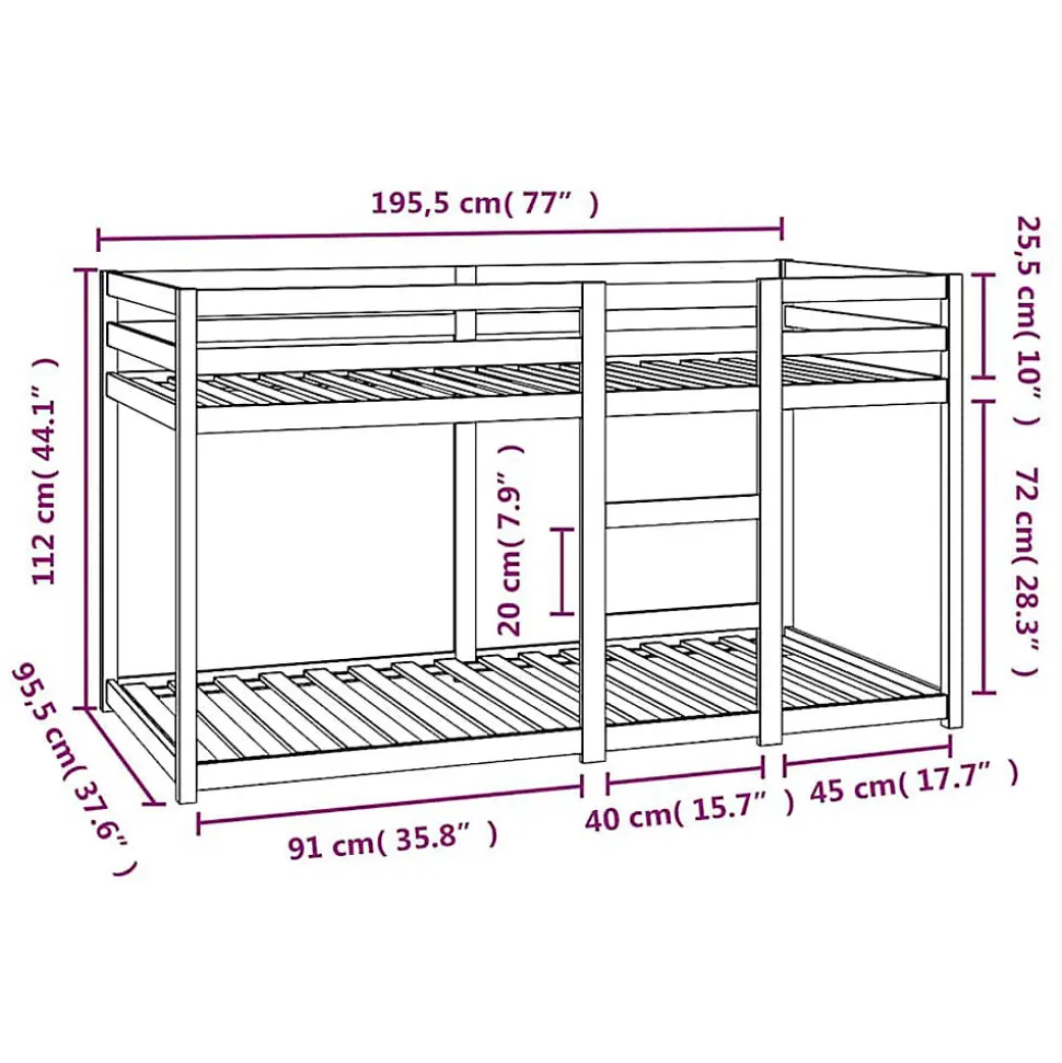 Lit superposé sans matelas blanc 90x190 cm bois de pin massif