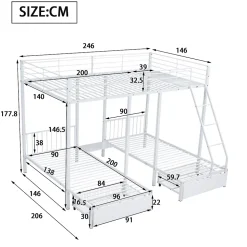Lit superposé triple, cadre de lit métallique, 140x200cm et 2 lit 90x200cm, avec échelle et 2 tiroirs, sommier inclus, blanc