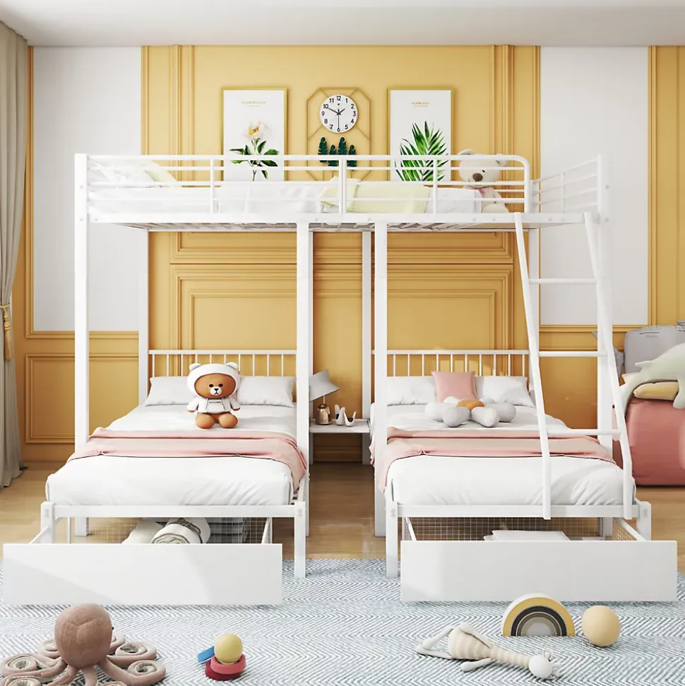 Lit superposé triple, cadre de lit métallique, 140x200cm et 2 lit 90x200cm, avec échelle et 2 tiroirs, sommier inclus, blanc