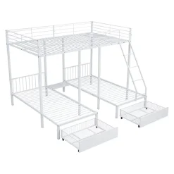 Lit superposé triple, cadre de lit métallique, 140x200cm et 2 lit 90x200cm, avec échelle et 2 tiroirs, sommier inclus, blanc