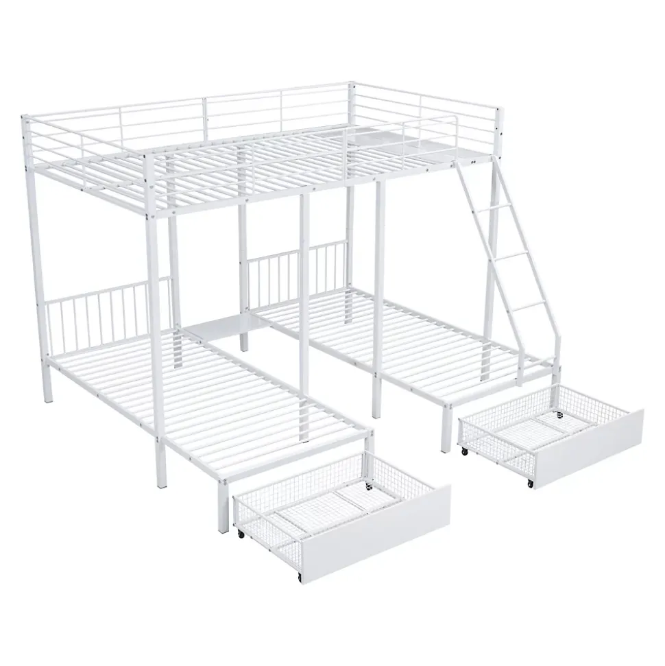 Lit superposé triple, cadre de lit métallique, 140x200cm et 2 lit 90x200cm, avec échelle et 2 tiroirs, sommier inclus, blanc